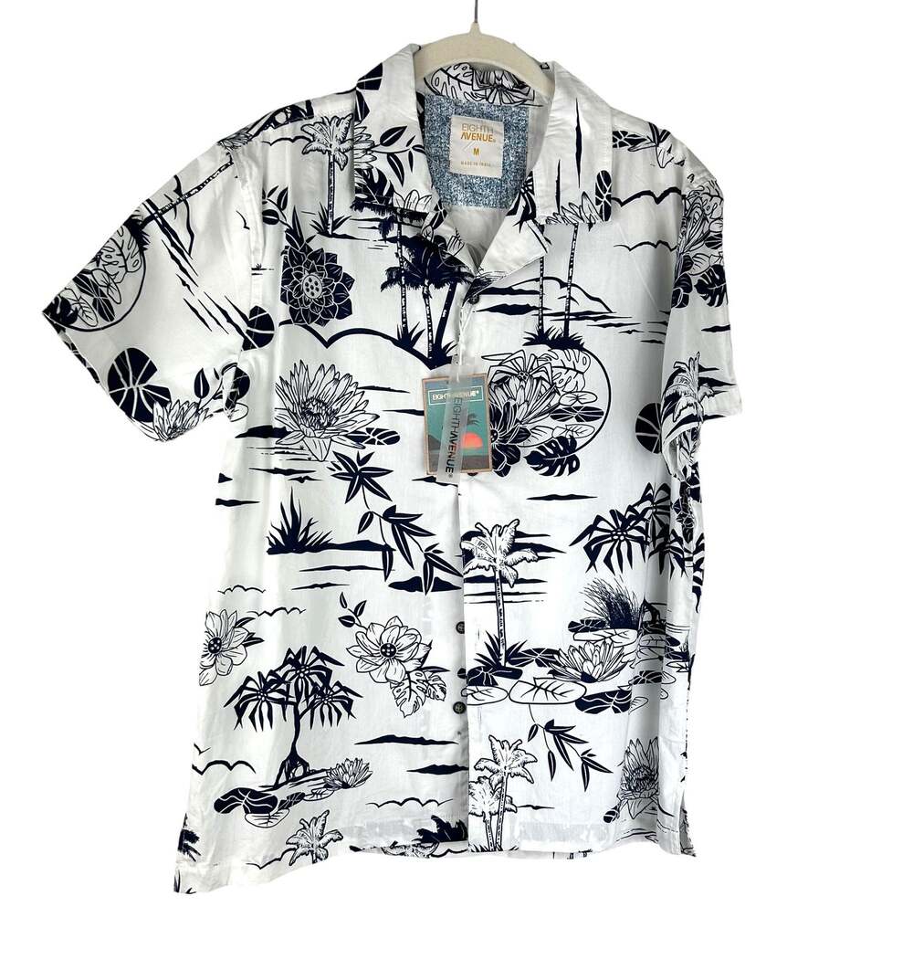NEW Men's Eighth Avenue White Blue Tropical Print Cotton Button Shirt Size M